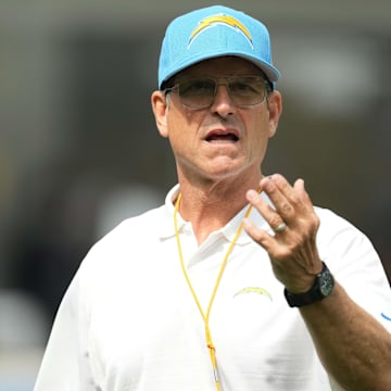 Aug 17, 2024; Inglewood, California, USA; Los Angeles Chargers coach Jim Harbaugh reacts against the Los Angeles Rams in the first half at SoFi Stadium. Mandatory Credit: Kirby Lee-Imagn Images