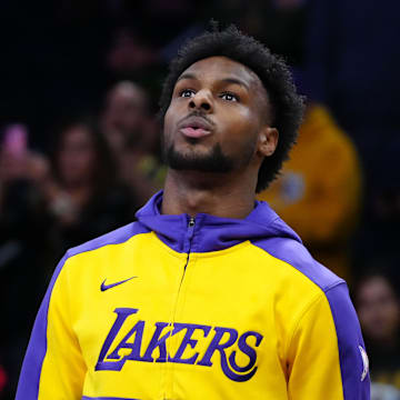 Mar 17, 2025; Los Angeles, California, USA; Los Angeles Lakers guard Bronny James during the game against the San Antonio Spurs at the Crypto.com Arena. Mandatory Credit: Kirby Lee-Imagn Images