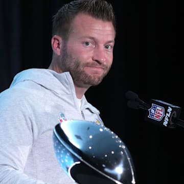 Feb 14, 2022; Los Angeles, CA, USA; Los Angeles Rams coach Sean McVay speaks flanked by Vince Lombardi trophy during Super Bowl LVI winning coach and most valuable player press conference at the Los Angeles Convention Center. Mandatory Credit: Kirby Lee-Imagn Images