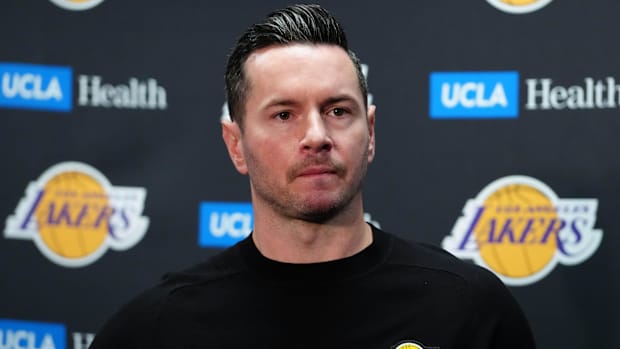 Los Angeles Lakers coach JJ Redick at press conference at the Crypto.com Arena. 