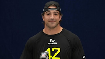 Feb 27, 2025; Indianapolis, IN, USA; Brigham Young defensive lineman Tyler Batty (DL42) during the 2025 NFL Scouting Combine at the Indiana Convention Center. Mandatory Credit: Kirby Lee-Imagn Images