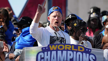 Feb 16, 2022; Los Angeles, CA, USA; Los Angeles Rams general manager Les Snead speaks during Super Bowl LVI championship rally at the Los Angeles Memorial Coliseum. Mandatory Credit: Kirby Lee-Imagn Images