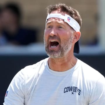 Jul 27, 2025; Oxnard, CA, USA; Dallas Cowboys coach Brian Schottenheimer at training camp at the River Ridge Fields. Mandatory Credit: Kirby Lee-Imagn Images
