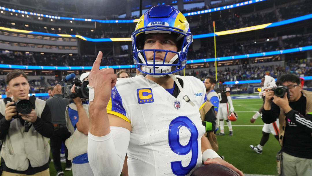 Dec 3, 2023; Inglewood, California, USA; Los Angeles Rams quarterback Matthew Stafford (9) reacts after the game against the Cleveland Browns at SoFi Stadium. Mandatory Credit: Kirby Lee-USA TODAY Sports