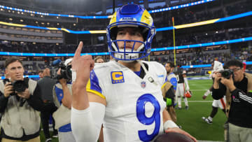 Dec 3, 2023; Inglewood, California, USA; Los Angeles Rams quarterback Matthew Stafford (9) reacts after the game against the Cleveland Browns at SoFi Stadium. Mandatory Credit: Kirby Lee-USA TODAY Sports