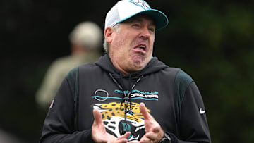 Oct 16, 2024; Watford, United Kingdom; Jacksonville Jaguars coach Doug Pederson reacts during practice at The Grove. Mandatory Credit: Kirby Lee-Imagn Images