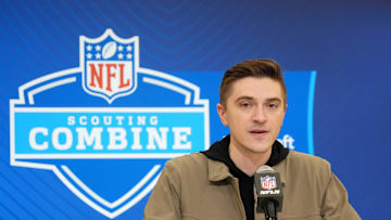 Feb 25, 2025; Indianapolis, IN, USA; Jacksonville Jaguars general manger James Gladstone speaks during the NFL Scouting Combine at the Indiana Convention Center. Mandatory Credit: Kirby Lee-Imagn Images