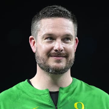 Dec 28, 2022; San Diego, CA, USA; Oregon Ducks head coach Dan Lanning reacts after the 2022 Holiday Bowl against the North Carolina Tar Heels at Petco Park. Mandatory Credit: Kirby Lee-Imagn Images