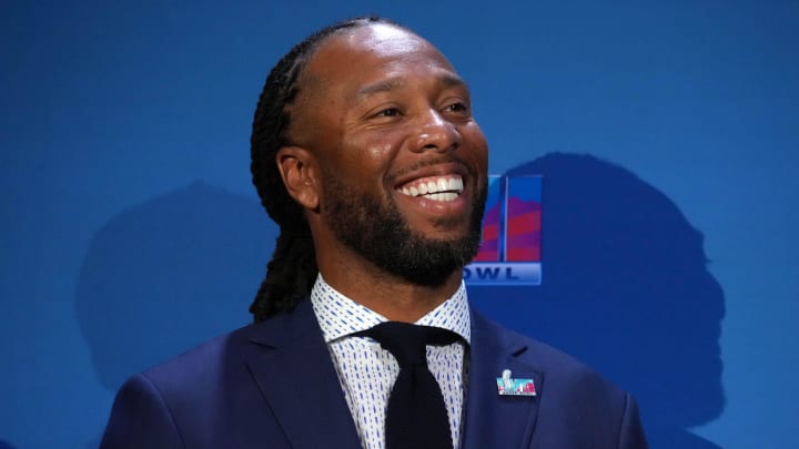 Feb 13, 2023; Phoenix, AZ, USA; Larry Fitzgerald at the Super Bowl Host Committee Handoff press conference at the Phoenix Convention Center. Mandatory Credit: Kirby Lee-USA TODAY Sports