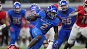 Dec 2, 2023; Las Vegas, NV, USA; Boise State Broncos running back Ashton Jeanty (2) carries the ball against the UNLV Rebels in the second half during the Mountain West Championship at Allegiant Stadium. Mandatory Credit: Kirby Lee-Imagn Images