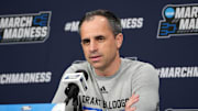 Mar 22, 2025; Wichita, KS, USA; Drake Bulldogs coach Ben McCollum during press conference at Intrust Bank Arena. Mandatory Credit: Kirby Lee-Imagn Images