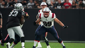 Aug 26, 2022; Paradise, Nevada, USA; New England Patriots guard Cole Strange (69) blocks during the first half against the Las Vegas Raiders at Allegiant Stadium.