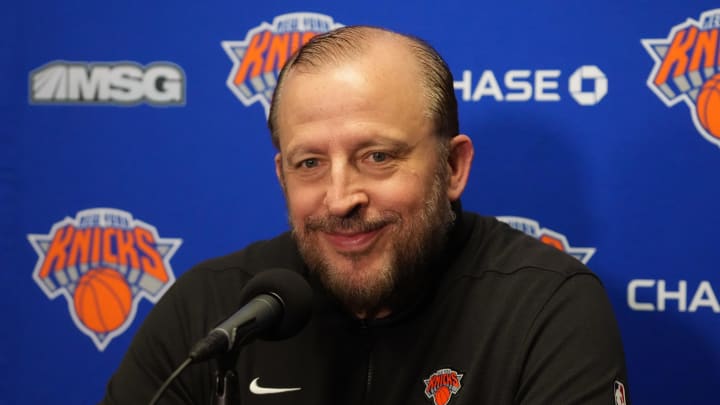 Dec 18, 2023; Los Angeles, California, USA; New York Knicks coach Tom Thibodeau at a press conference at the Crypto.com Arena.