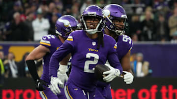 Oct 6, 2024; London, United Kingdom; Minnesota Vikings cornerback Stephon Gilmore (2) celebrates with teammates after intercepting a pass in the fourth quarter against the New York Jets at Tottenham Hotspur Stadium. Mandatory Credit: Kirby Lee-Imagn Images