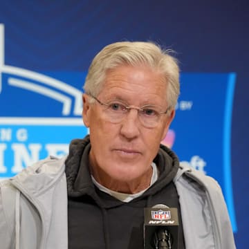 Feb 25, 2025; Indianapolis, IN, USA; Las Vegas Raiders coach Pete Carroll speaks during the NFL Scouting Combine at the Indiana Convention Center. Mandatory Credit: Kirby Lee-Imagn Images