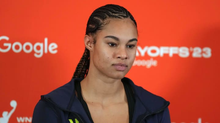 Sep 24, 2023; Las Vegas, Nevada, USA; Dallas Wings forward Satou Sabally (0) at press conference during game one of the 2023 WNBA Semifinals against the Las Vegas Aces] at Michelob Ultra Arena. The Aces defeated the Wings 97-83. Mandatory Credit: Kirby Lee-USA TODAY Sports