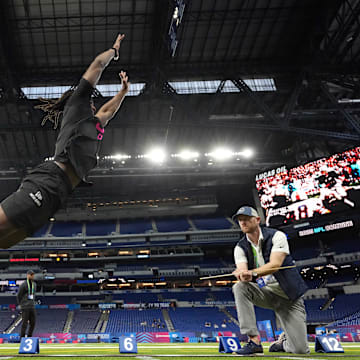 Nohl Williams does the long jump at the NFL Combine
