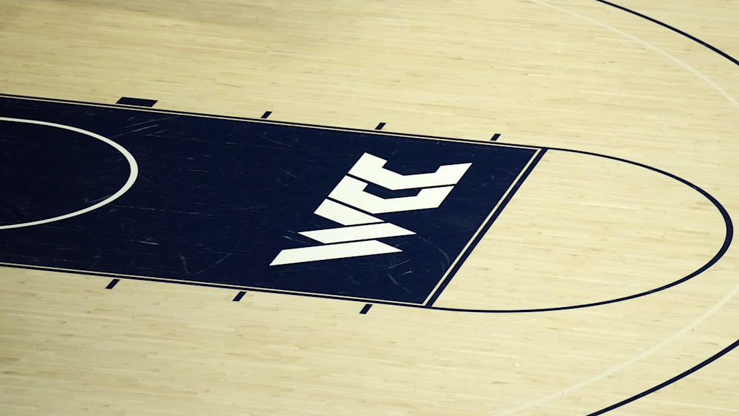 The West Coast Conference (WCC) logo on the court  at McCarthey Athletic Center