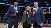 ESPN analysts Doc Rivers, Doris Burke, and play-by-play announcer Mike Breen during the game between the Los Angeles Lakers.