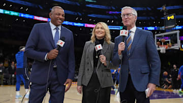 ESPN analysts Doc Rivers, Doris Burke, and play-by-play announcer Mike Breen during the game between the Los Angeles Lakers.
