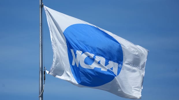 NCAA logo flag at the NCAA Track and Field Championships at Hayward Field.