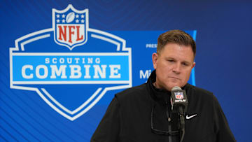 Feb 25, 2025; Indianapolis, IN, USA; Green Bay Packers general manager Brian Gutekunst speaks during the NFL Scouting Combine at the Indiana Convention Center. Mandatory Credit: Kirby Lee-Imagn Images