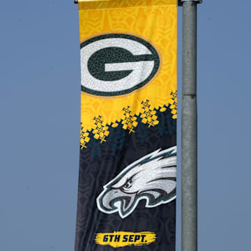 A banner at Arena Corinthians in Sao Paolo promotes the game between the Philadelphia Eagles and the Green Bay Packers. 