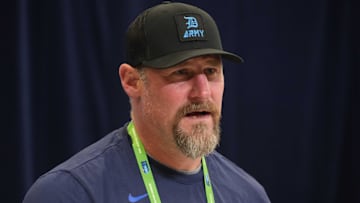 Detroit Lions coach Dan Campbell speaks during the NFL Scouting Combine at the Indiana Convention Center.