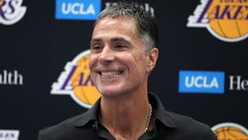 Sep 25, 2024; El Segundo, CA, USA; Los Angeles Lakers general manager Rob Pelinka at press conference at UCLA Health Training Center. Mandatory Credit: Kirby Lee-Imagn Images