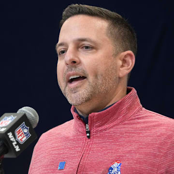 Feb 27, 2025; Indianapolis, IN, USA; New England Patriots general manager Eliot Wolf speaks during the 2025 NFL Scouting Combine at the Indiana Convention Center. Mandatory Credit: Kirby Lee-Imagn Images