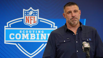 Feb 25, 2025; Indianapolis, IN, USA; New England Patriots coach Mike Vrabel speaks during the NFL Scouting Combine at the Indiana Convention Center.
