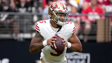 Aug 13, 2023; Paradise, Nevada, USA; San Francisco 49ers quarterback Trey Lance (5) throws the ball against the Las Vegas Raiders at in the first half at Allegiant Stadium.