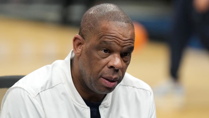 Mar 27, 2024; Los Angeles, CA, USA; North Carolina Tar Heels coach Hubert Davis during practice prior to NCAA Tournament at West Regional at Crypto.com Arena. Mandatory Credit: Kirby Lee-USA TODAY Sports