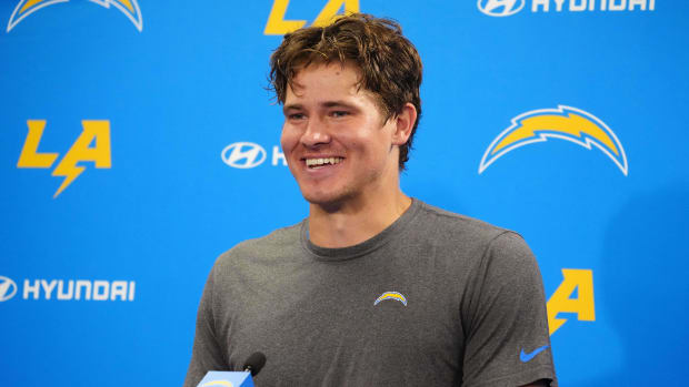 Los Angeles Chargers quarterback Justin Herbert (10) at a press conference during minicamp at the Hoag Performance Center.