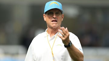 Aug 17, 2024; Inglewood, California, USA; Los Angeles Chargers coach Jim Harbaugh reacts against the Los Angeles Rams in the first half at SoFi Stadium. Mandatory Credit: Kirby Lee-Imagn Images