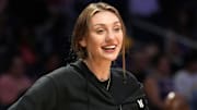 Jun 17, 2025; Los Angeles, California, USA; LA Sparks forward Cameron Brink watches during the game against the Seattle Storm at Crypto.com Arena. Mandatory Credit: Kirby Lee-Imagn Images