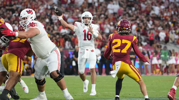 Oct 21, 2023; Los Angeles, California, USA; Utah Utes quarterback Bryson Barnes (16) throws the ball against the Southern Cal