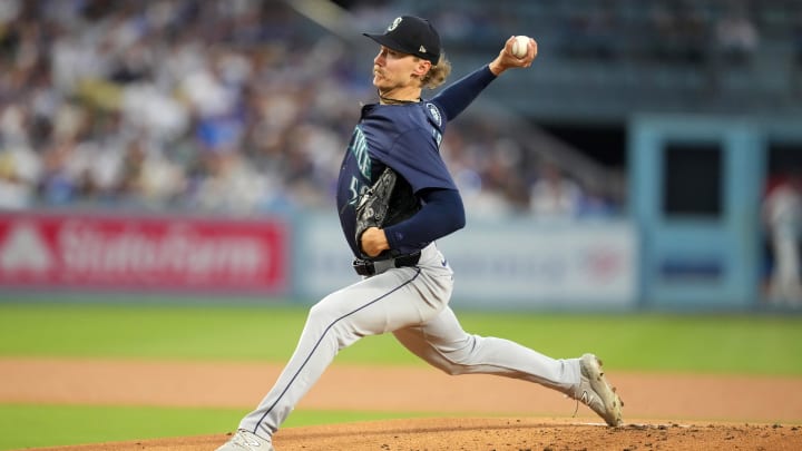 Seattle Mariners starting pitcher Bryce Miller throws against the Los Angeles Dodgers on Aug. 20 at Dodger Stadium.