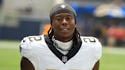 Aug 10, 2025; Inglewood, California, USA; New Orleans Saints wide receiver Rashid Shaheed (22) reacts in the first half against the Los Angeles Chargers at SoFi Stadium. Mandatory Credit: Kirby Lee-Imagn Images