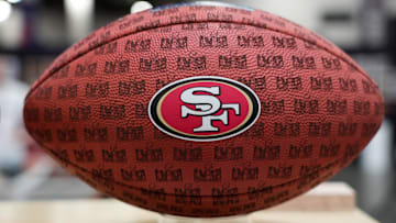 Feb 10, 2024; Las Vegas, NV, USA; A football with a San Francisco 49ers logo at the NFL Experience at the Mandalay Bay South Convention Center. Mandatory Credit: Kirby Lee-Imagn Images