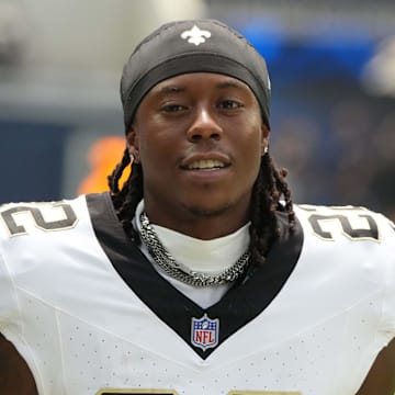 Aug 10, 2025; Inglewood, California, USA; New Orleans Saints wide receiver Rashid Shaheed (22) reacts in the first half against the Los Angeles Chargers at SoFi Stadium. Mandatory Credit: Kirby Lee-Imagn Images