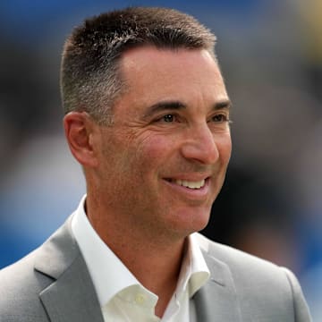 Sep 8, 2024; Inglewood, California, USA; Las Vegas Raiders general manager Tom Telesco watches from the sidelines during the game against the Los Angeles Chargers at SoFi Stadium. Mandatory Credit: Kirby Lee-Imagn Images