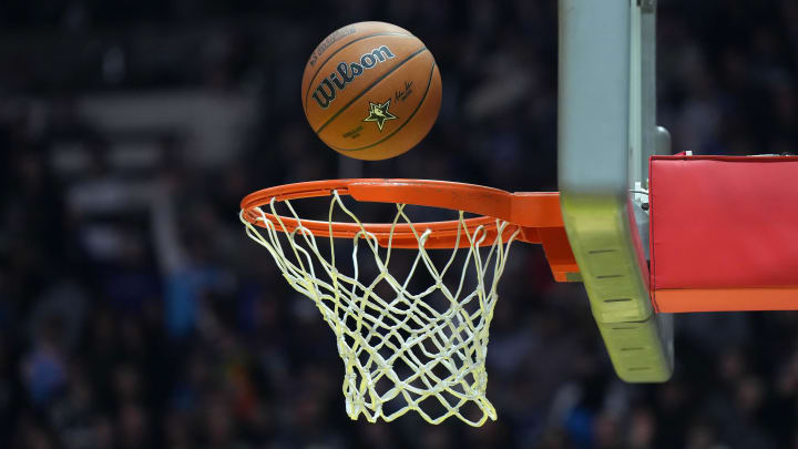 Feb 18, 2023; Salt Lake City, UT, USA; A Wilson official NBA All-Star Game logo basketball swishes through the net at Huntsman Center. 