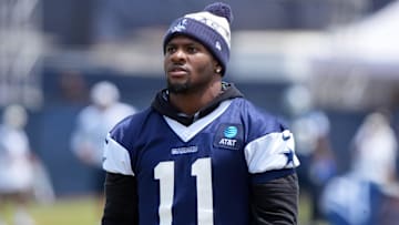 Former Penn State football linebacker and Dallas Cowboys defensive end Micah Parsons (11) at training camp at the River Ridge Fields