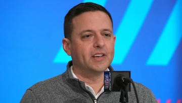 Feb 27, 2024; Indianapolis, IN, USA; New England Patriots director of scouting Eliot Wolf during the NFL Scouting Combine at Indiana Convention Center. Mandatory Credit: Kirby Lee-Imagn Images
