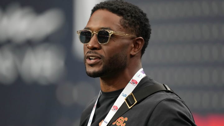 Sep 1, 2024; Paradise, Nevada, USA; Southern California Trojans former running back Reggie Bush attends the game against the LSU Tigers at Allegiant Stadium. Mandatory Credit: Kirby Lee-Imagn Images