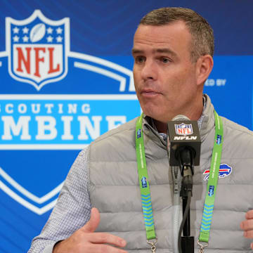 Feb 25, 2025; Indianapolis, IN, USA; Buffalo Bills general manager Brandon Beane speaks during the NFL Scouting Combine at the Indiana Convention Center. Mandatory Credit: Kirby Lee-Imagn Images