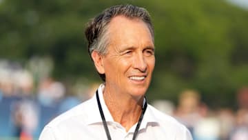 Aug 3, 2023; Canton, Ohio, USA; NBC Sports broadcaster Cris Collinsworth watches from the sidelines during the game between the Cleveland Browns and the New York Jets at Tom Benson Hall of Fame Stadium. Mandatory Credit: Kirby Lee-Imagn Images