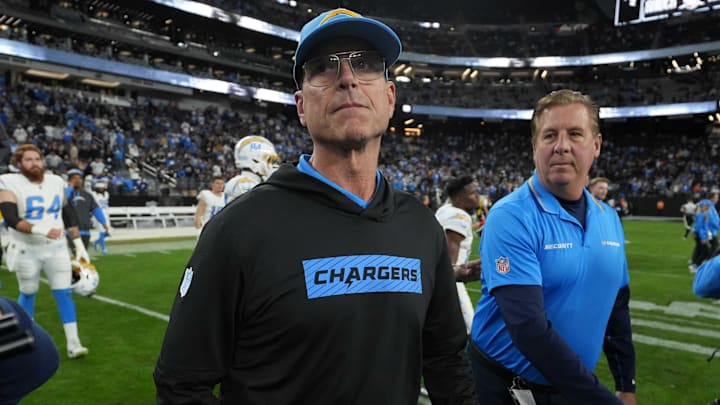 Jan 5, 2025; Paradise, Nevada, USA; Los Angeles Chargers coach Jim Harbaugh reacts after the game against the Las Vegas Raiders at Allegiant Stadium. Mandatory Credit: Kirby Lee-Imagn Images