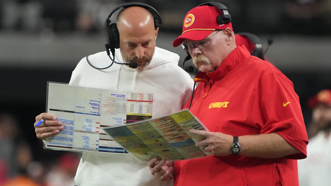 Oct 27, 2024; Paradise, Nevada, USA; Kansas City Chiefs offensive coordinator Matt Nagy (left) and coach Andy Reid react against the Las Vegas Raiders in the second half at Allegiant Stadium.
